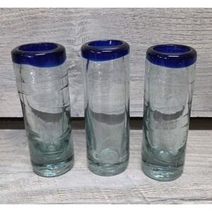 Cobalt Blue Rim Tequila Hand Blown Glass Shot Glasses - Set of 3 Mexico B2